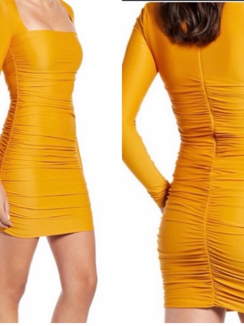 Tiger Mist Gold Ruched Long Sleeve Bodycon Mini Dress